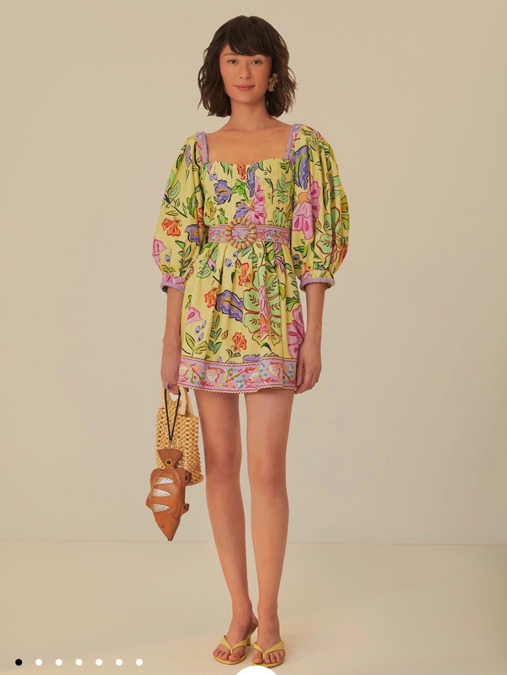 FARM Rio Yellow Floral Square-Neck Mini Dress with Puff Sleeves
